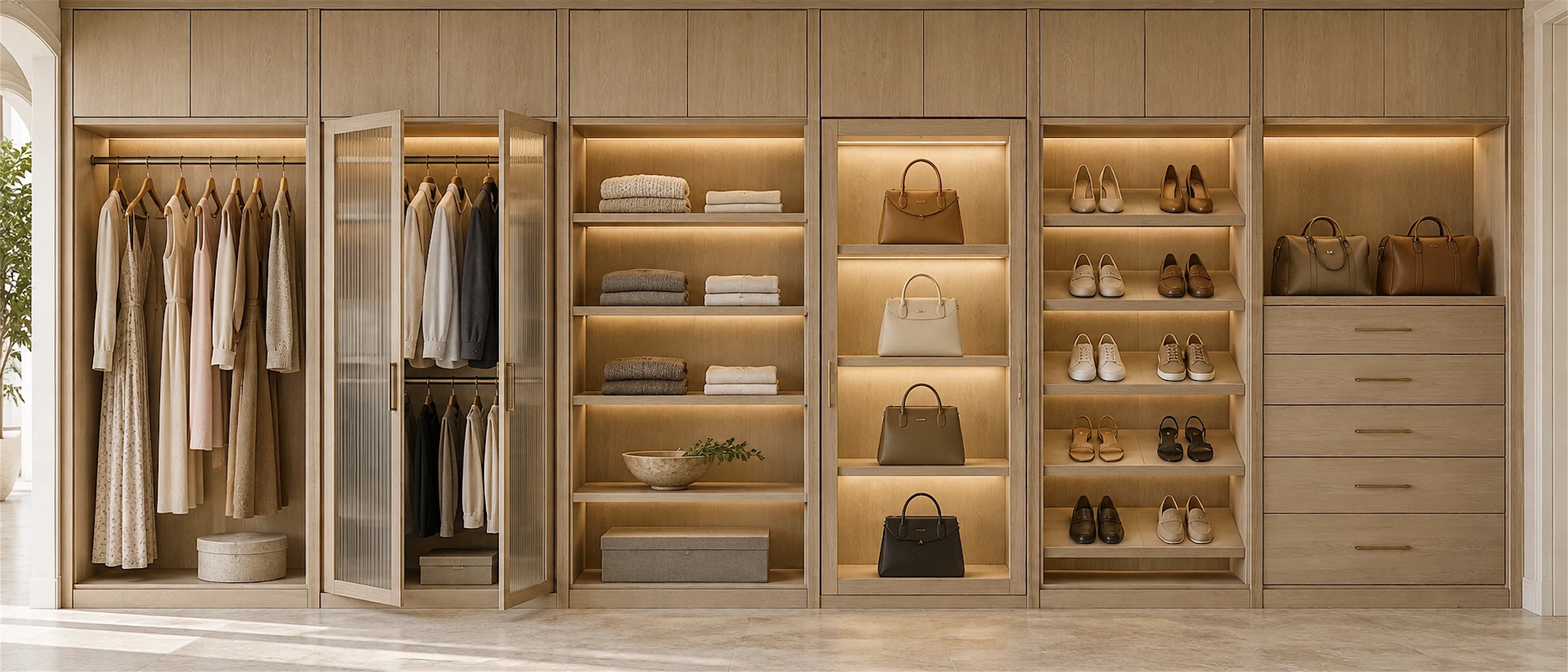 A continuous pale oak closet wall of six lit bays: a long-hang rail, a glass-front garment cabinet, folded knitwear, handbag niches, shoe shelves and deep drawers.